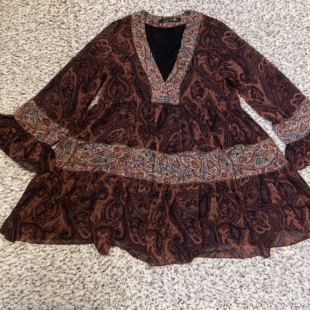 Zara Woman Boho Paisley Mini‎ Dress Medium Brown Chiffon Lined Great Condition